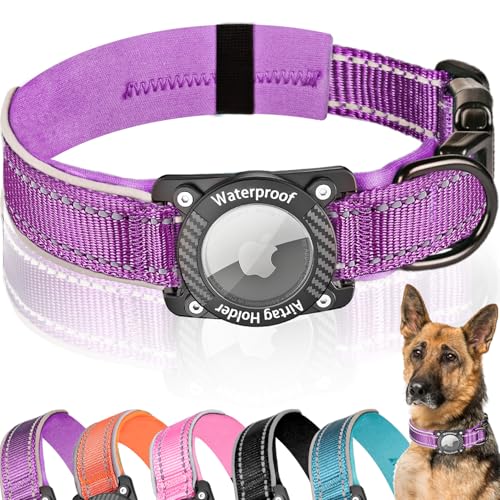 AgoumLux Airtag Hundehalsband, Air Tag Wasserdicht Hundehalsband mit Airtag Halter, Reflektierendes Airtag Halsband Hund mit Weicher Polsterung für Kleine, Mittlere und Große Hunde, Lila, L von AgoumLux