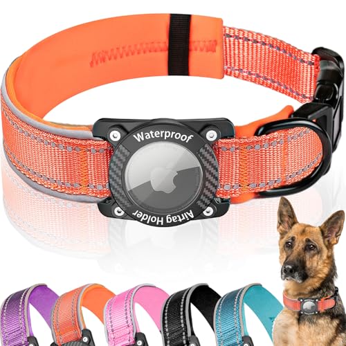 AgoumLux Airtag Hundehalsband, Air Tag Wasserdicht Hundehalsband mit Airtag Halter, Reflektierendes Airtag Halsband Hund mit Weicher Polsterung für Kleine, Mittlere und Große Hunde, Orange, L von AgoumLux