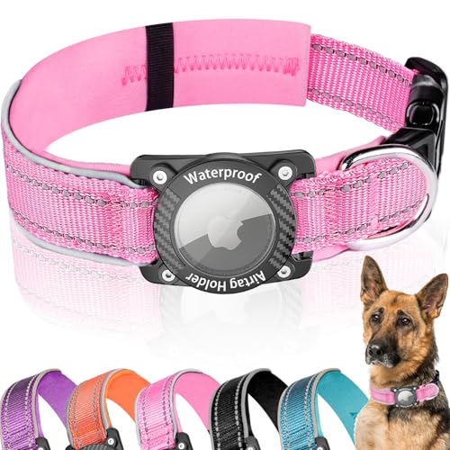 AgoumLux Airtag Hundehalsband, Air Tag Wasserdicht Hundehalsband mit Airtag Halter, Reflektierendes Airtag Halsband Hund mit Weicher Polsterung für Kleine, Mittlere und Große Hunde, Rosa, L von AgoumLux