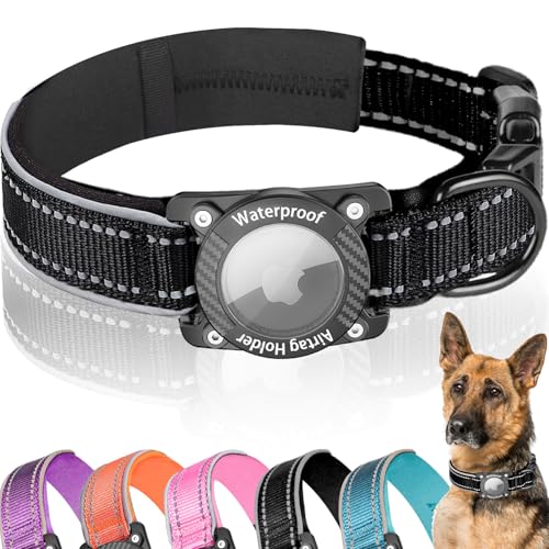 AgoumLux Airtag Hundehalsband, Air Tag Wasserdicht Hundehalsband mit Airtag Halter, Reflektierendes Airtag Halsband Hund mit Weicher Polsterung für Kleine, Mittlere und Große Hunde, Schwarz, L von AgoumLux