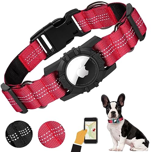 AgoumLux Airtag Hundehalsband Hunde Air Tag Halter Halsband Nylon Verstellbar Reflektierend für Kleine, Mittelgroße und Große, Rot, XS von AgoumLux