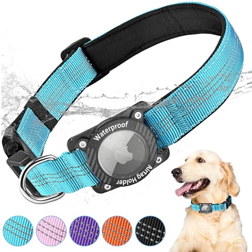 AgoumLux Airtag Hundehalsband mit Airtag Hülle Wasserdicht, GPS Tracker für Hunde Kompatibel mit Apple Air Tag Halsband für Kleine, Mittlere und Große Hunde, Blau, L von AgoumLux