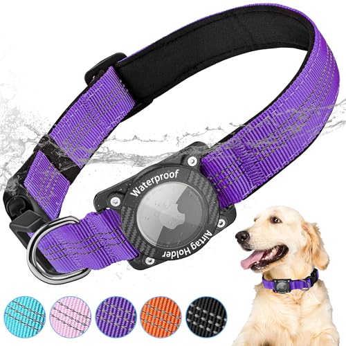 AgoumLux Airtag Hundehalsband mit Airtag Hülle Wasserdicht, GPS Tracker für Hunde Kompatibel mit Apple Air Tag Halsband für Kleine, Mittlere und Große Hunde, Lila, L von AgoumLux