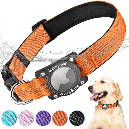 AgoumLux Airtag Hundehalsband mit Airtag Hülle Wasserdicht, GPS Tracker für Hunde Kompatibel mit Apple Air Tag Halsband für Kleine, Mittlere und Große Hunde, Orange, L von AgoumLux