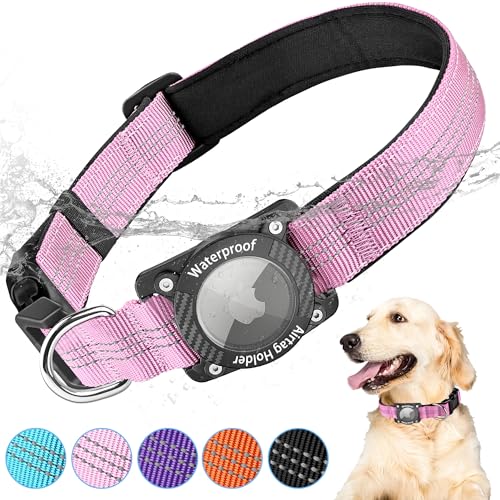 AgoumLux Airtag Hundehalsband mit Airtag Hülle Wasserdicht, GPS Tracker für Hunde Kompatibel mit Apple Air Tag Halsband für Kleine, Mittlere und Große Hunde, Rosa, L von AgoumLux