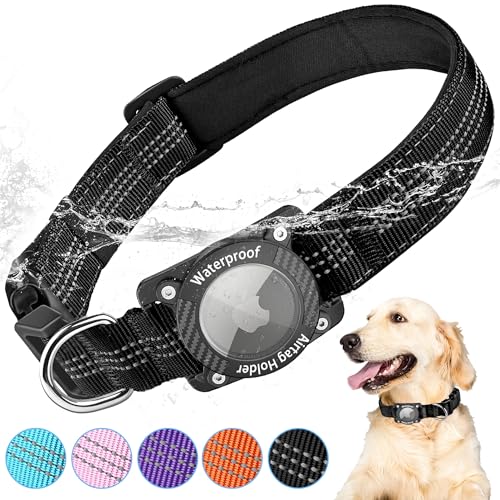 AgoumLux Airtag Hundehalsband mit Airtag Hülle Wasserdicht, GPS Tracker für Hunde Kompatibel mit Apple Air Tag Halsband für Kleine, Mittlere und Große Hunde, Schwarz, L von AgoumLux