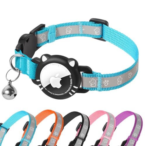 AgoumLux Airtag Katzenhalsband AirTag Halsband Katze Reflektierend mit Sicherheitsverschluss Glocke Katzenhalsbänder mit Airtag Hülle Verstellbar für Katzen, Blau, XS(17.5-23 cm) von AgoumLux