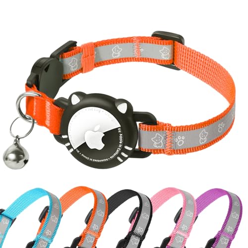 AgoumLux Airtag Katzenhalsband AirTag Halsband Katze Reflektierend mit Sicherheitsverschluss Glocke Katzenhalsbänder mit Airtag Hülle Verstellbar für Katzen, Orange, S(23-33 cm) von AgoumLux