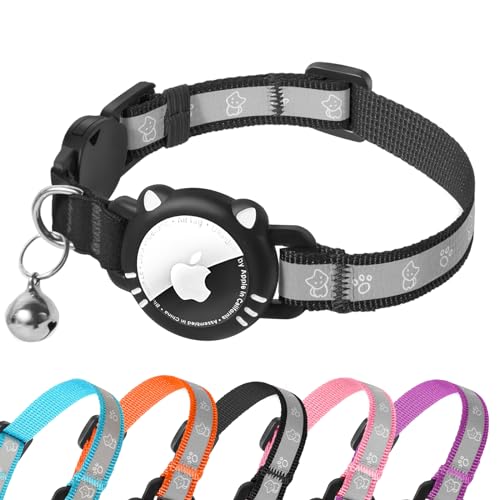 AgoumLux Airtag Katzenhalsband AirTag Halsband Katze Reflektierend mit Sicherheitsverschluss Glocke Katzenhalsbänder mit Airtag Hülle Verstellbar für Katzen, Schwarz, S(23-33 cm) von AgoumLux