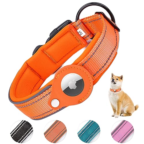 AgoumLux Hundehalsband für AirTag, Apple Airtag Reflektierendes Halsband Hund, Integriertes Air Tag für Kleine Mittelgroße Große Hund, Orange, M von AgoumLux