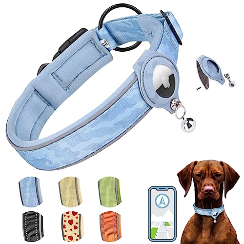 AgoumLux Hundehalsband für Integriertes Apple AirTag Halsband Air Tag GPS Verstellbar Neopren Nylon Reflektierend für Kleine Mittel Große Hunde, Blau, L von AgoumLux