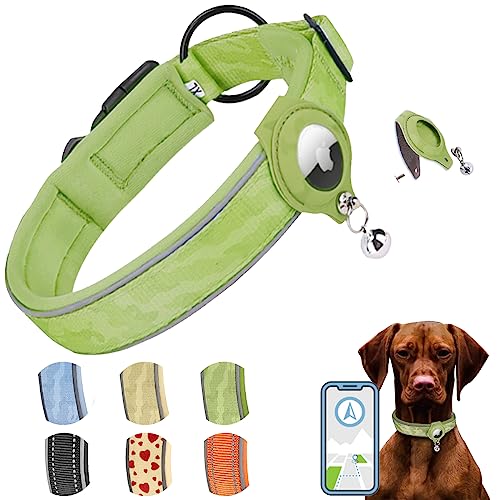 AgoumLux Hundehalsband für Integriertes Apple AirTag Halsband Air Tag GPS Verstellbar Neopren Nylon Reflektierend für Kleine Mittel Große Hunde, Grün, S von AgoumLux