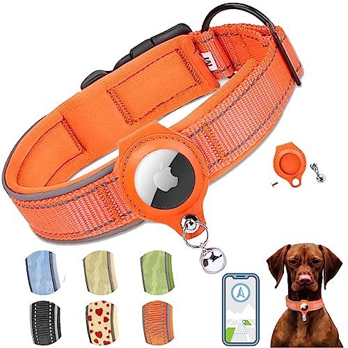 AgoumLux Hundehalsband für Integriertes Apple AirTag Halsband Air Tag GPS Verstellbar Neopren Nylon Reflektierend für Kleine Mittel Große Hunde, Orange, L von AgoumLux