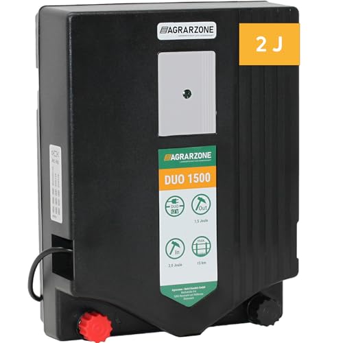 Agrarzone Duo 1500 Weidezaungerät 12V / 230V, 2 Joule - Akku oder Netzbetrieb - Weidezaun Elektrozaungerät - Hohe Hütesicherheit für Pferde, Rinder & Schafe von Agrarzone