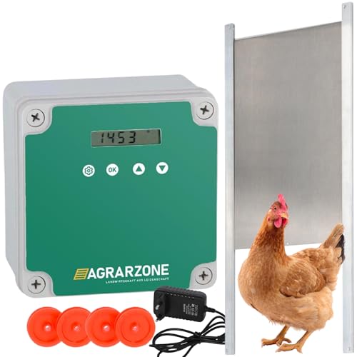 Agrarzone Automatische Hühnerklappe Batterie mit Schieber 33 x 22 cm - Hühnertür mit Timer, Manuell, Lichtsensor - Elektrische Hühnerklappe automatisch - Hühnerklappe elektrisch für Hühnerstall von Agrarzone