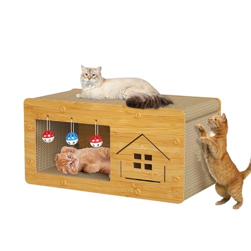 Aheyimcn Katzenkratzhaus, Holz Katzenkratzhaus mit Katze, Pappunterlage mit Ball mit Glocke, großer Platz, lassen Sie Ihre Kätzchen kratzen, spielen und ausruhen, Papp-Katzenhaus einfach zu montieren, von Aheyimcn