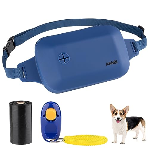 AhhBi Silikon-Leckerli-Trainingstasche für Hunde, Clicker für Haustiertraining, integrierter Kotbeutelspender, 3 Tragemöglichkeiten (Marineblau) von AhhBi