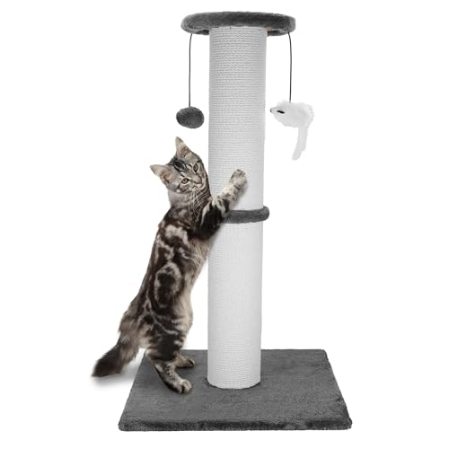 Ahomdoo 86,4 cm hoher Kratzbaum für Katzen, robuster und dicker, Sisalseil mit hängendem Ball und Mäusen, vertikaler Kratzbaum für Indoor-Katzen und Erwachsene (grau) von Ahomdoo