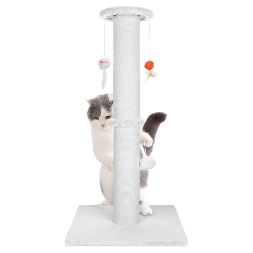 Ahomdoo Kratzbaum für Katzen, robust, handgefertigt, Baumwollseil mit Spielzeug zum Aufhängen, 91 cm, Weiß von Ahomdoo