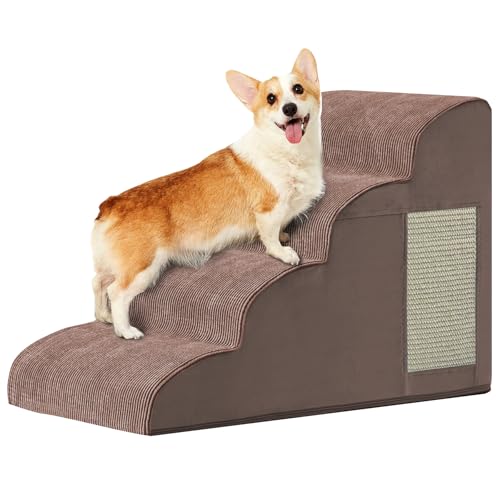 Hundetreppe für kleine Hunde, Hunderampe für Bett, Couch, Sofa, Auto und Stühle, gebogene Hundetreppe rutschfeste Unterseite, mit Katzenkratzbrett, 4-stufiger hochdichter Schaumstoff, tragbare von Ahpmeoa