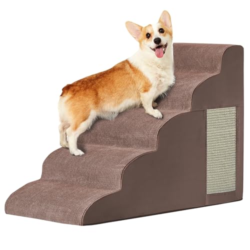 Hundetreppe für kleine Hunde, Hunderampe für Bett, Couch, Sofa, Auto und Stühle, gebogene Hundetreppe rutschfeste Unterseite, mit Katzenkratzbrett, 5-stufiger hochdichter Schaumstoff, tragbare von Ahpmeoa