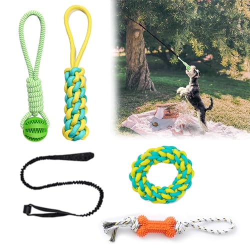 AiPITE Hundespielzeug zum Aufhängen, Bungee-Zerrspielzeug mit 4 Kauspielzeugen, interaktives Tauziehen, Seilspielzeug zum Aufhängen am Baum, zahnreinigender Kauball für kleine bis große Hunde, von AiPITE