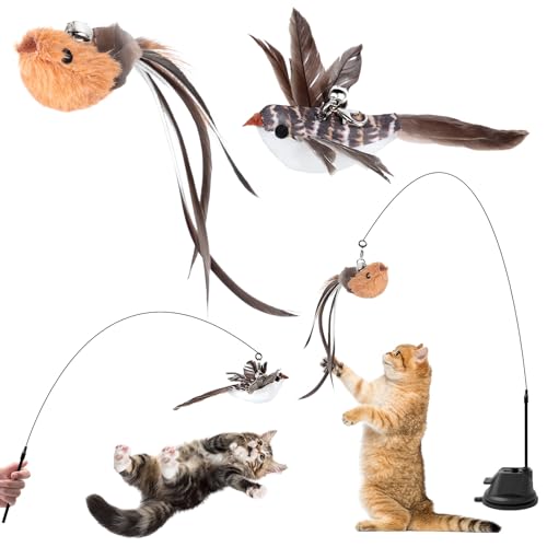 AiQInu Katzenspielzeug Interaktive, Katzen Spielzeug Saugnapf, 1 Katzenangel mit 2 Glöckchen Vögeln, Intelligenz Spielzeug für Katzen Zauberstab von AiQInu