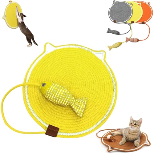 Doppeltes Kratzpad, Horizontaler Katzenkratzer, 2024 Neuestes Verschleißfeste Hanfseil Dual Scratching Pad Katzenbett, Mit Katzenspielzeugfisch Geeignet Schlafen, Ausruhen, Spielen (Gelb, 42cm) von AiQiMinHao