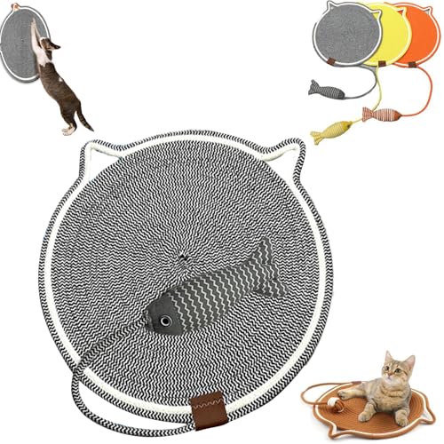 Doppeltes Kratzpad, Horizontaler Katzenkratzer, 2024 Neuestes Verschleißfeste Hanfseil Dual Scratching Pad Katzenbett, Mit Katzenspielzeugfisch Geeignet Schlafen, Ausruhen, Spielen (grau, 42cm) von AiQiMinHao