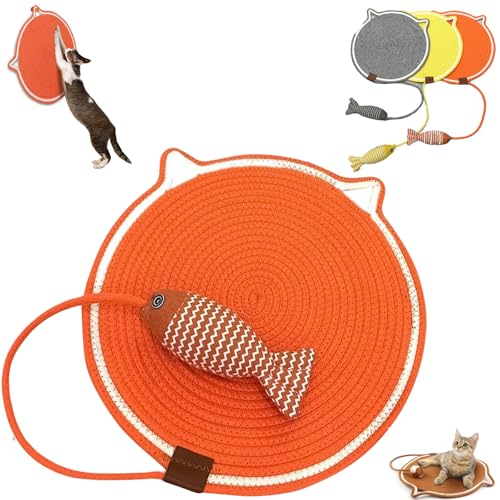 Doppeltes Kratzpad, Horizontaler Katzenkratzer, 2024 Neuestes Verschleißfeste Hanfseil Dual Scratching Pad Katzenbett, Mit Katzenspielzeugfisch Geeignet Schlafen, Ausruhen, Spielen (orange, 42cm) von AiQiMinHao