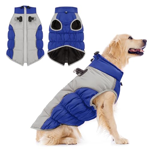 Aiboria Hundejacke Winterweste Hundemantel Jacken Hundepullover Haustier Winddicht Wasserdicht Ärmellose Gepolsterte Weste Mit Gurt Blau 4XL von Aiboria