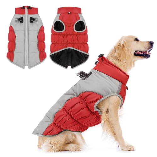 Aiboria Hundejacke Winterweste Hundemantel Jacken Hundepullover Haustier Winddicht Wasserdicht Ärmellose Gepolsterte Weste Mit Gurt Rot 3XL von Aiboria