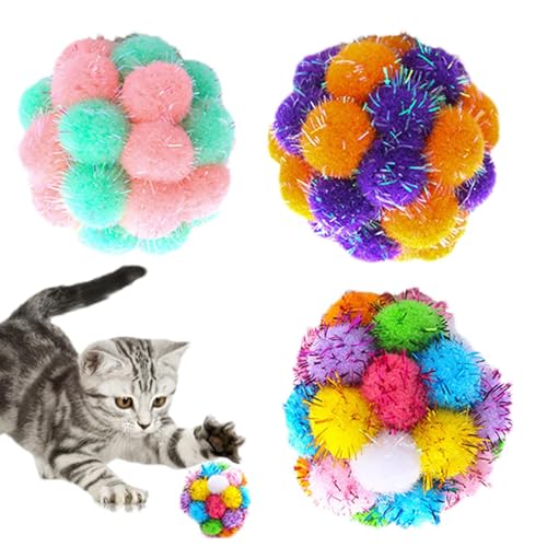 Aibyks Katzen-Fuzzy-Bälle, Pom-Pom-Katzenspielzeug | 3 Stück weiches Katzenballspielzeug - Fuzzy-Katzenbälle für Bewegung und Unterhaltung, Kicker-Spielzeug, Katzenspielzeug für Katzen und von Aibyks