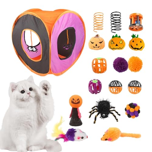 Aibyks Katzenspielzeug für den Innenbereich, Kitten Starter Kit Bundle - Interaktives Katzenspieltunnel-Spielzeugset,Halloween faltbares Katzenwürfel-Tunnelspielzeug, interaktives Spielzeugset, von Aibyks