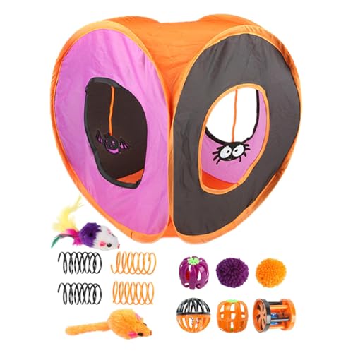 Aibyks Kitten Starter Kit Bundle, Interaktives Katzenspielzeug - Süßes Katzenspieltunnelspielzeug,Halloween faltbares Katzenwürfel-Tunnelspielzeug, interaktives Spielzeugset, Federfeder-Ballspielzeug von Aibyks