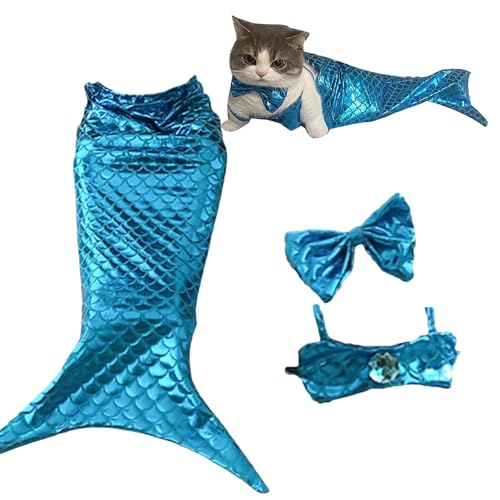 Katzen-Meerjungfrau-Kostüm – Süße Katzen-Meerjungfrauenschwanz-Kleidung | Lustiges Katzen-Pailletten-Meerjungfrauenkleid Halloween-Kostüme | Creative Cat Mermaid Dress Up Partyzubehör, Blau (L) von Aibyks