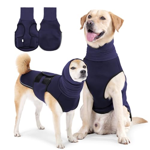 Hundemantel mit beruhigender Kapuze und Ohrenschutz Anti Stress Weste Hund Beruhigungsweste Hund Rollkragen Angst Beruhigungsjacke für Hunde Calmingshirt mit reflektierenden Streifen -Blau, XL von AidSci