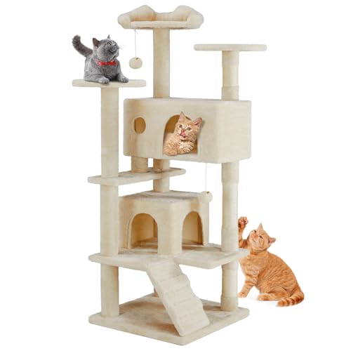 Katzenbaum, 137.2 cm Katzenturm für Indoor Katzen mit Sisal Kratzbaum, Katzenspielhaus, Große Kitty Condo, Plüsch Mehrstufig mit Kletterleiter von Aidoly