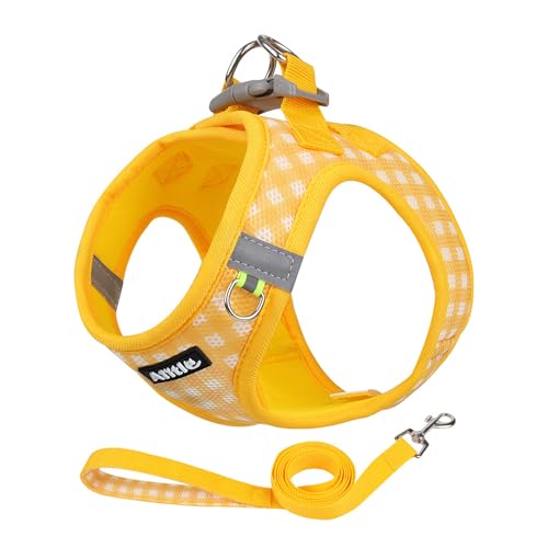 AIITLE No Pull Hundegeschirr und Leine Set, Step-in Hundegeschirr aus weichem Mesh, reflektierend für extra kleine Welpen und Katzen, Kariertes Hundewestengeschirr für Haustiere, Gelb, XXS von Aiitle