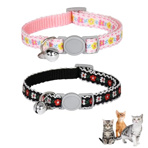 AIITLE Katzenhalsband mit Glöckchen, verstellbares Katzenhalsband mit Blumendruck, für Mädchen, Katzen und Jungen, Katzen, Kätzchen, Welpen, weiche, stilvolle Blumenmuster, Katzenhalsbänder, Rosa, von Aiitle