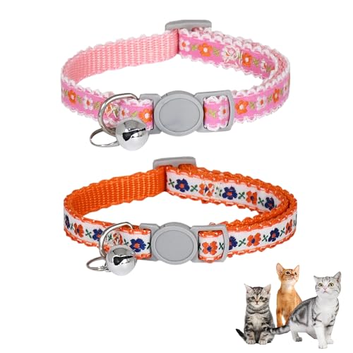 AIITLE Katzenhalsband mit Glöckchen, verstellbares Katzenhalsband mit Blumendruck, für Mädchen, Katzen und Jungen, Katzen, Kätzchen, Welpen, weiche, stilvolle Blumenmuster, Katzenhalsbänder, Orange von Aiitle