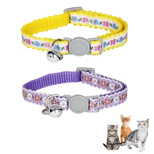 AIITLE Katzenhalsband mit Glöckchen, verstellbares Katzenhalsband mit Blumendruck, für Mädchen, Katzen und Jungen, Katzen, Kätzchen, Welpen, weiche, stilvolle Blumenmuster, Katzenhalsbänder, Violett von Aiitle