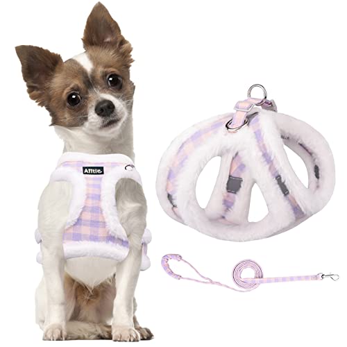 AIITLE Step in Dog Harness and Leash Set - Warm and Cozy Basic Plaid Dog Vest Harness with Velcro Design, Reflective Plush Pet Harness for Outdoor Walking, Training for small Dogs, Cats Purple XXS von Aiitle