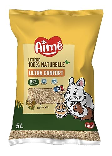 Aimé | Kleintierstreu | Streu Biologisch abbaubare | Saugfähige Maisflocken | Kaninchen, Meerschweinchen, Hamster, Mäuse, Meerschweinchen | Bis zu 3 Wochen verwendbar | Bis zu 3 Wochen verwendbar | 5L von Aimé