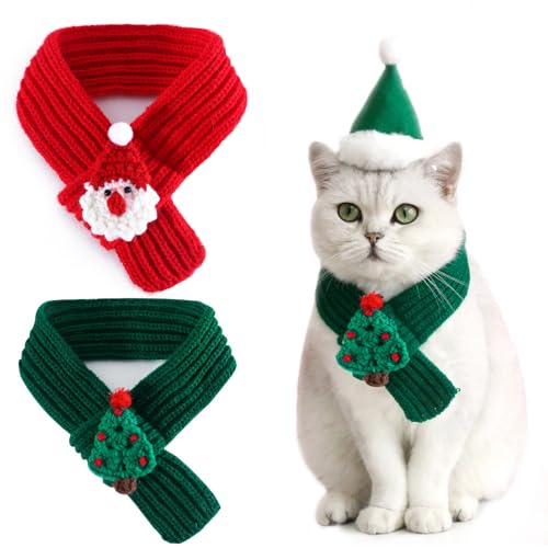 Aimondow Katze Hund Weihnachten Schal, Katze Winter Gestrickt Weihnachtsmann Schal Nackenwärmer Kostüm für Katzen Hunde Haustier Winter Outfit mit Weihnachtsbäumen und Weihnachtsmann Muster Xmas von Aimondow