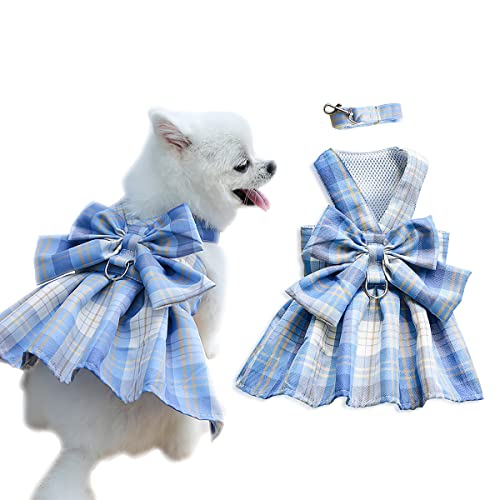 Aimondow Niedliches Hundekleid, kariertes Geschirr Leine Set für kleine Hunde Katzen, Frühling Sommer Mädchen Prinzessin Hund Fliege Kleider, Welpen Outfits Yorkie Chihuahua Hundekleidung für Hochzeit Festlich Alltag von Aimondow