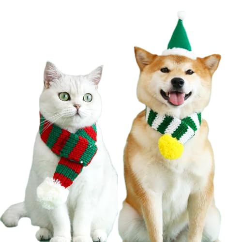 Aimondow Weihnachten Hund Katze Weihnachtsmann Schal Katze Winter Gestrickt Niedlich Schal Streifen Halswärmer Kostüm für Katzen Hunde Haustier Winterkleidung mit Party Xmas Cosplay Geschenk für von Aimondow