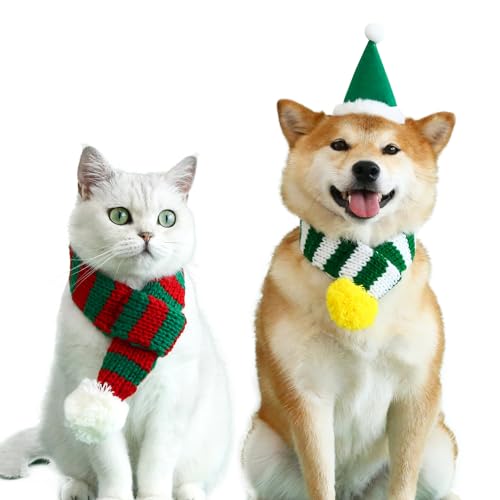 Aimondow Weihnachten Hund Katze Weihnachtsmann Schal Katze Winter Gestrickt Niedlich Schal Streifen Halswärmer Kostüm für Katzen Hunde Haustier Winterkleidung mit Party Xmas Cosplay Geschenk für von Aimondow