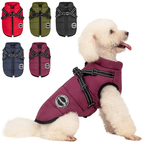 AIMYDOG Hunde-Wintermantel, warme Hundejacke, reflektierend, verstellbar, Fleece-Weste mit Geschirr, integriert, wasserdicht, winddicht, Hunde-Schneejacke, Schneeanzug mit Reißverschluss für kleine, von Aimydog