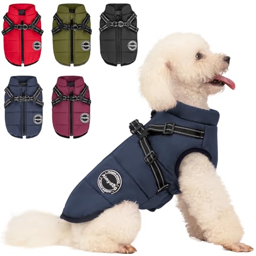 AIMYDOG Hunde-Wintermantel, warme Hundejacke, reflektierend, verstellbar, Fleece-Weste mit integriertem Geschirr, wasserdicht, winddicht, Hunde-Schneejacke mit Reißverschluss für kleine, mittelgroße von Aimydog